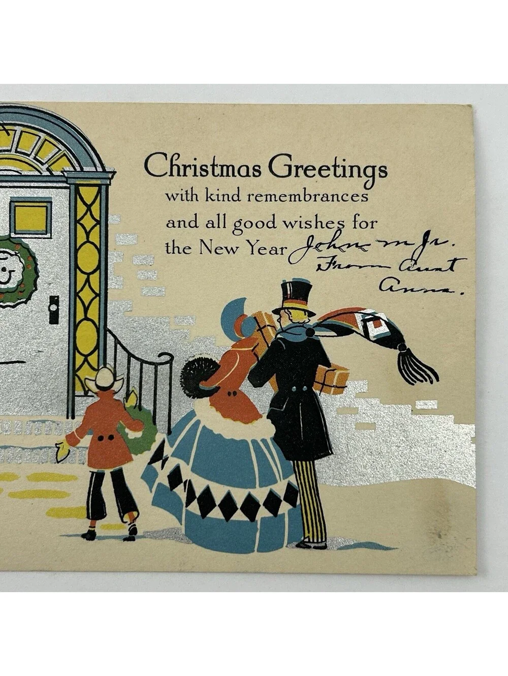 Vintage Christmas Card Postcard Silver Foil Embossed Victorian Era Aunt Anna N-2
